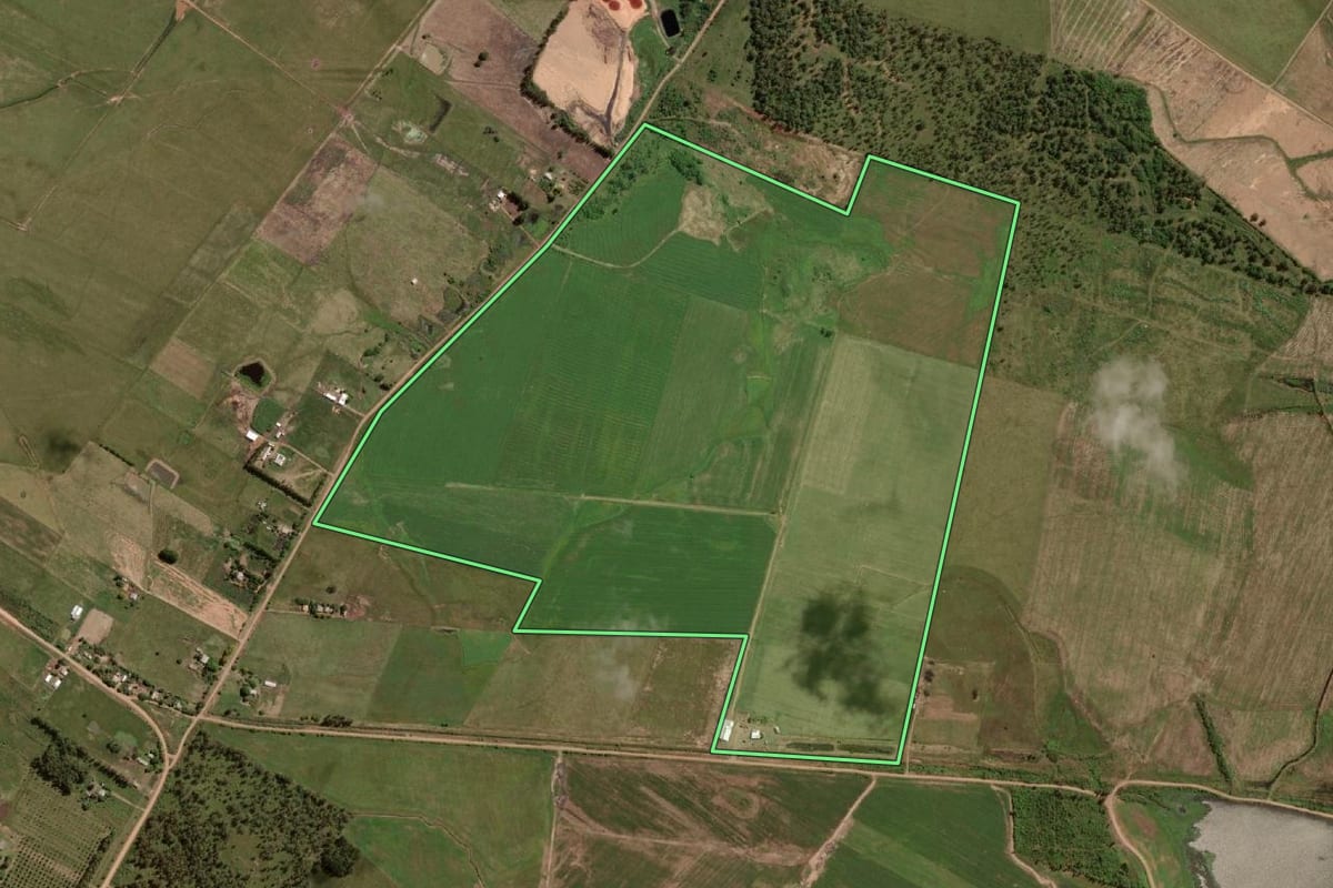 Imagem de satélite do imóvel rural em Itaqui (RS), com o contorno declarado no CAR desenhado por cima.