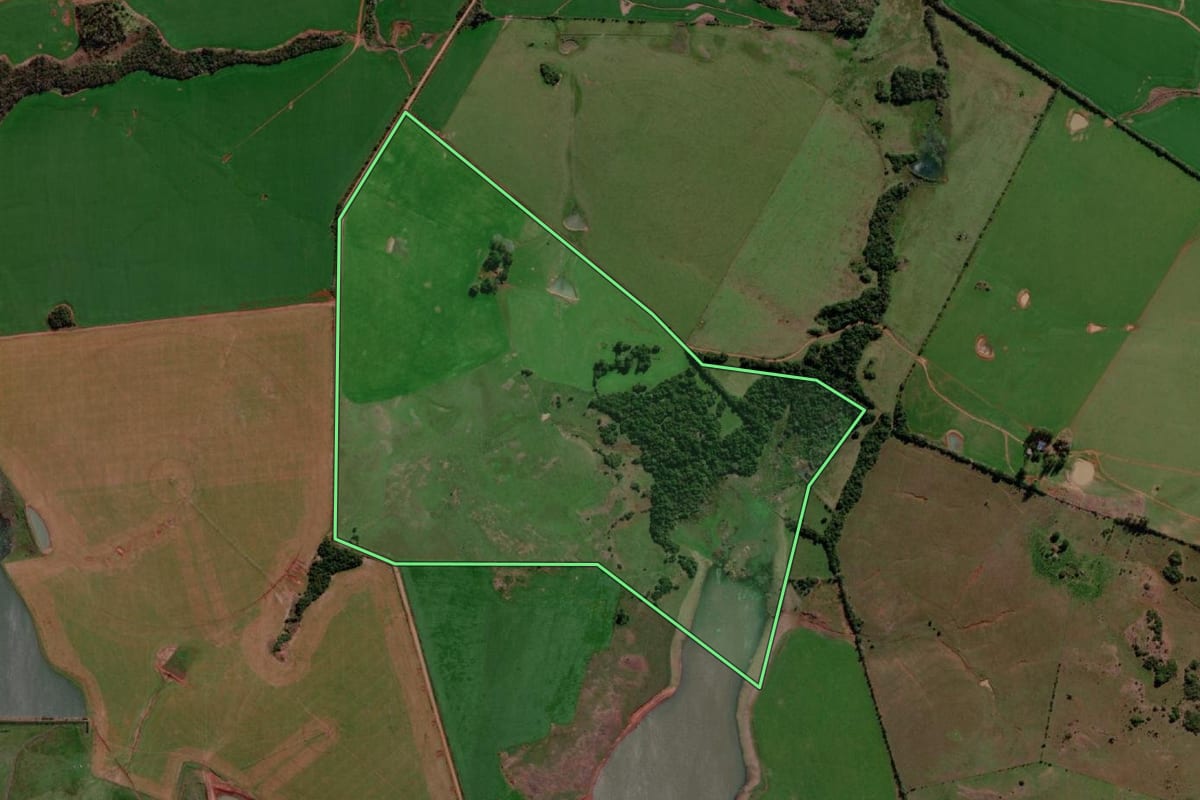 Imagem de satélite do imóvel rural em Itaqui (RS), com o contorno declarado no CAR desenhado por cima.