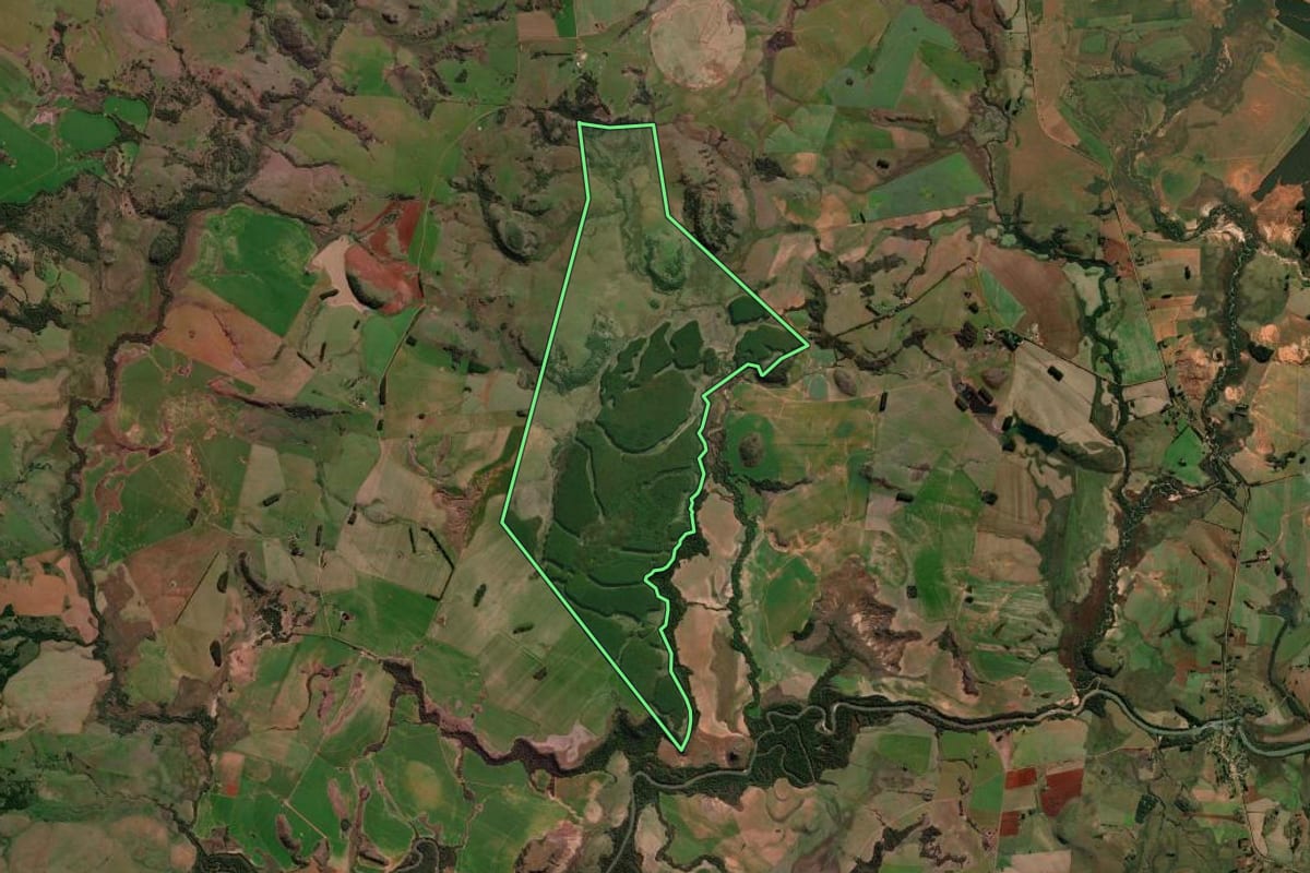 Imagem de satélite do imóvel rural em Itaqui (RS), com o contorno declarado no CAR desenhado por cima.