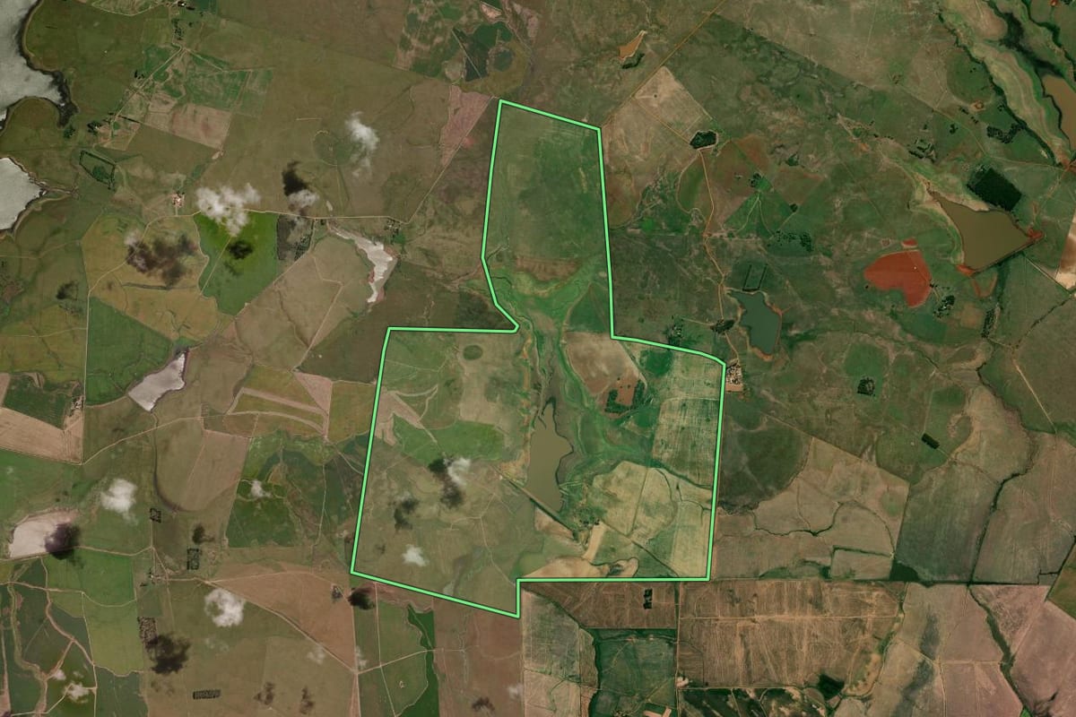 Imagem de satélite do imóvel rural em Itaqui (RS), com o contorno declarado no CAR desenhado por cima.