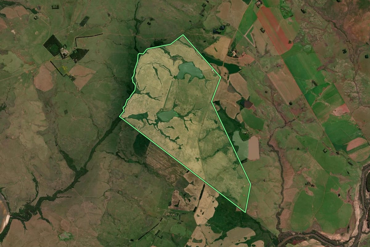 Imagem de satélite do imóvel rural em Itaqui (RS), com o contorno declarado no CAR desenhado por cima.