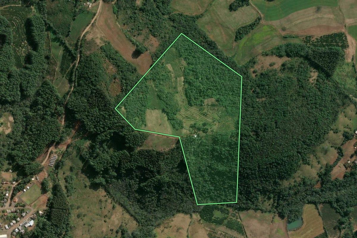 Imagem de satélite do imóvel rural em Itatiba do Sul (RS), com o contorno declarado no CAR desenhado por cima.