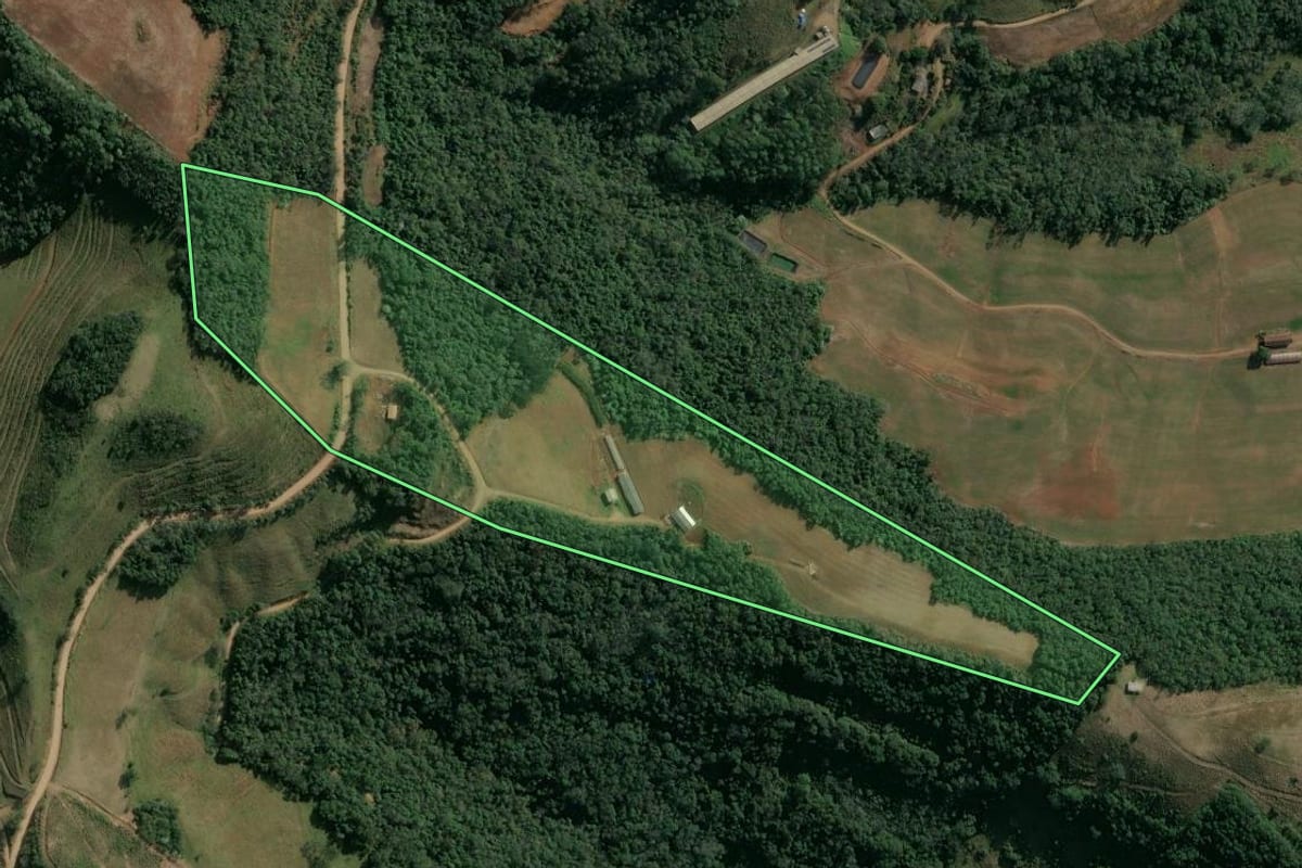 Imagem de satélite do imóvel rural em Itatiba do Sul (RS), com o contorno declarado no CAR desenhado por cima.