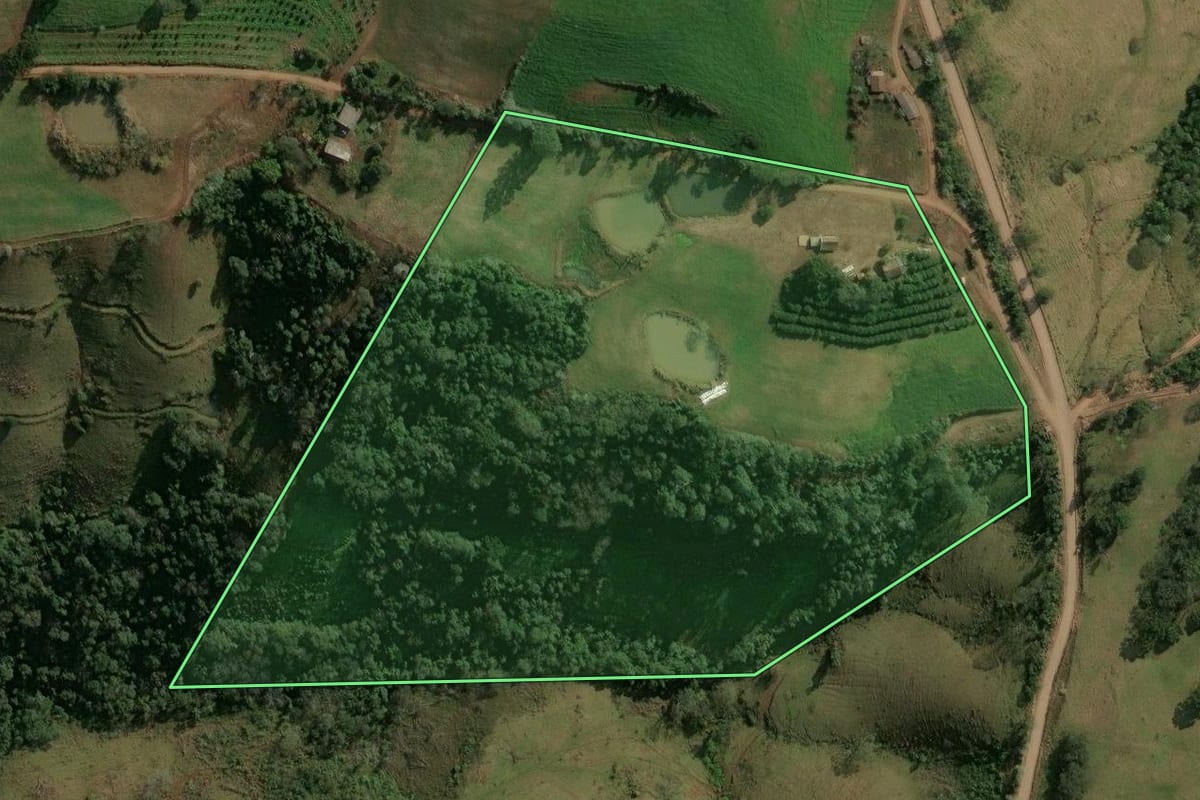 Imagem de satélite do imóvel rural em Itatiba do Sul (RS), com o contorno declarado no CAR desenhado por cima.