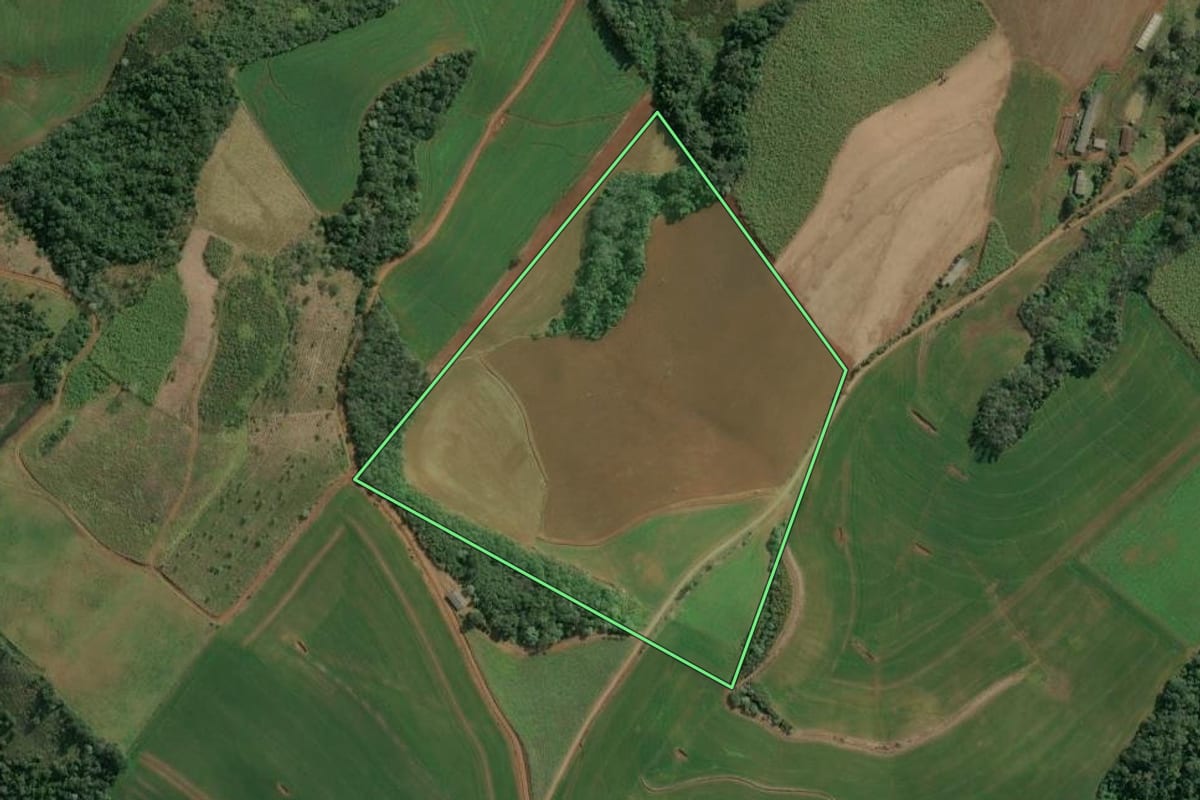 Imagem de satélite do imóvel rural em Itatiba do Sul (RS), com o contorno declarado no CAR desenhado por cima.