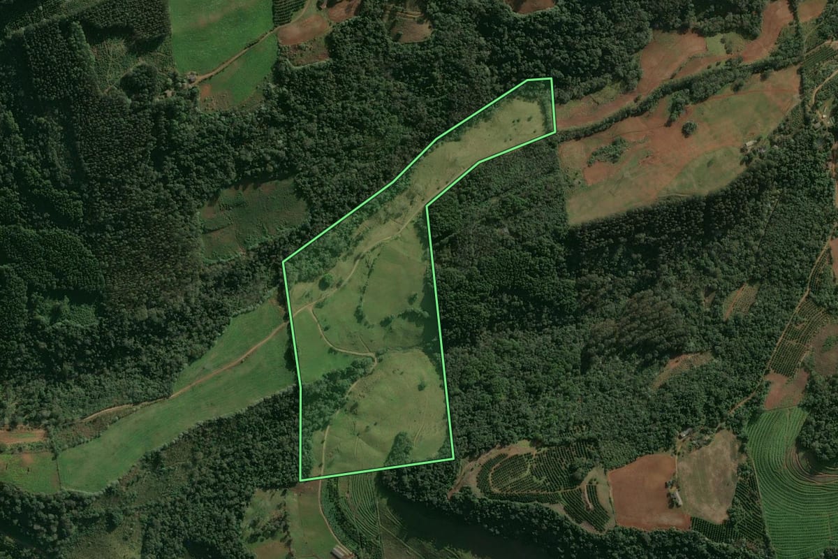 Imagem de satélite do imóvel rural em Itatiba do Sul (RS), com o contorno declarado no CAR desenhado por cima.