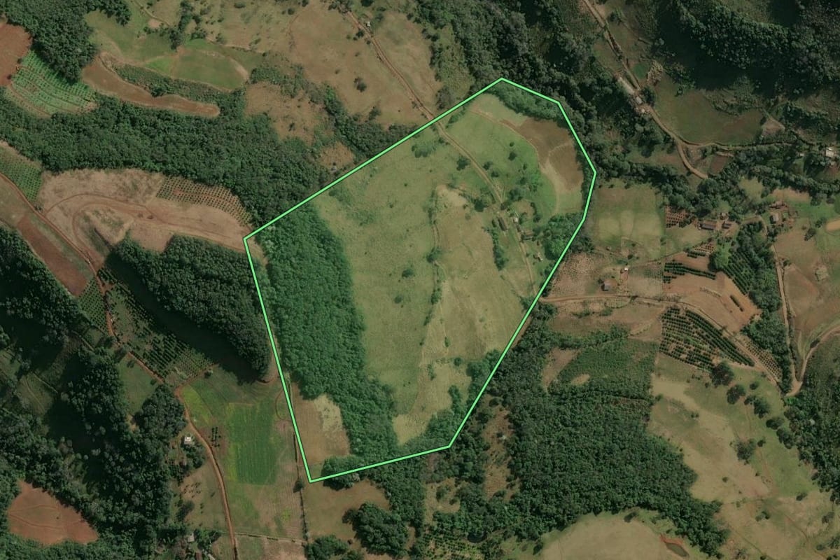 Imagem de satélite do imóvel rural em Itatiba do Sul (RS), com o contorno declarado no CAR desenhado por cima.