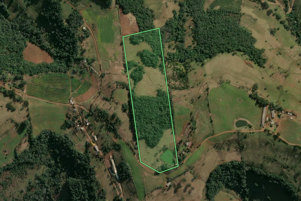 Imagem de satélite do imóvel rural em Itatiba do Sul (RS), com o contorno declarado no CAR desenhado por cima.