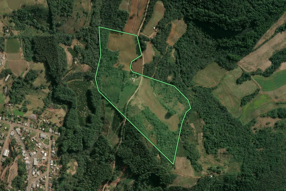Imagem de satélite do imóvel rural em Itatiba do Sul (RS), com o contorno declarado no CAR desenhado por cima.