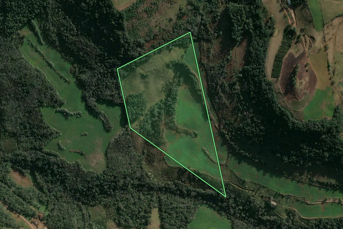 Imagem de satélite do imóvel rural em Itatiba do Sul (RS), com o contorno declarado no CAR desenhado por cima.