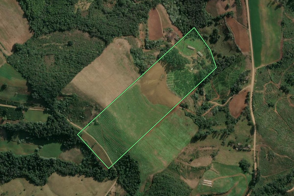Imagem de satélite do imóvel rural em Itatiba do Sul (RS), com o contorno declarado no CAR desenhado por cima.
