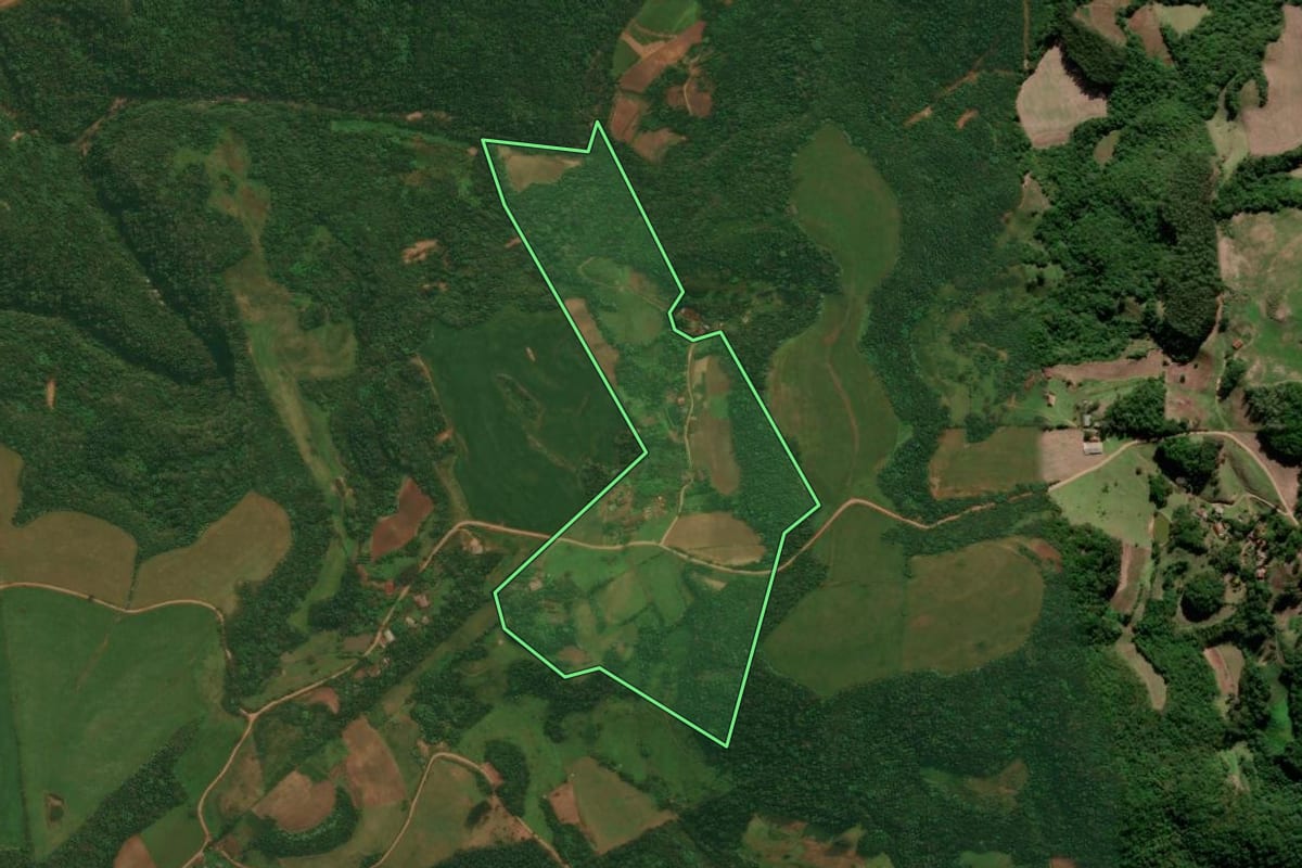 Imagem de satélite do imóvel rural em Ivorá (RS), com o contorno declarado no CAR desenhado por cima.