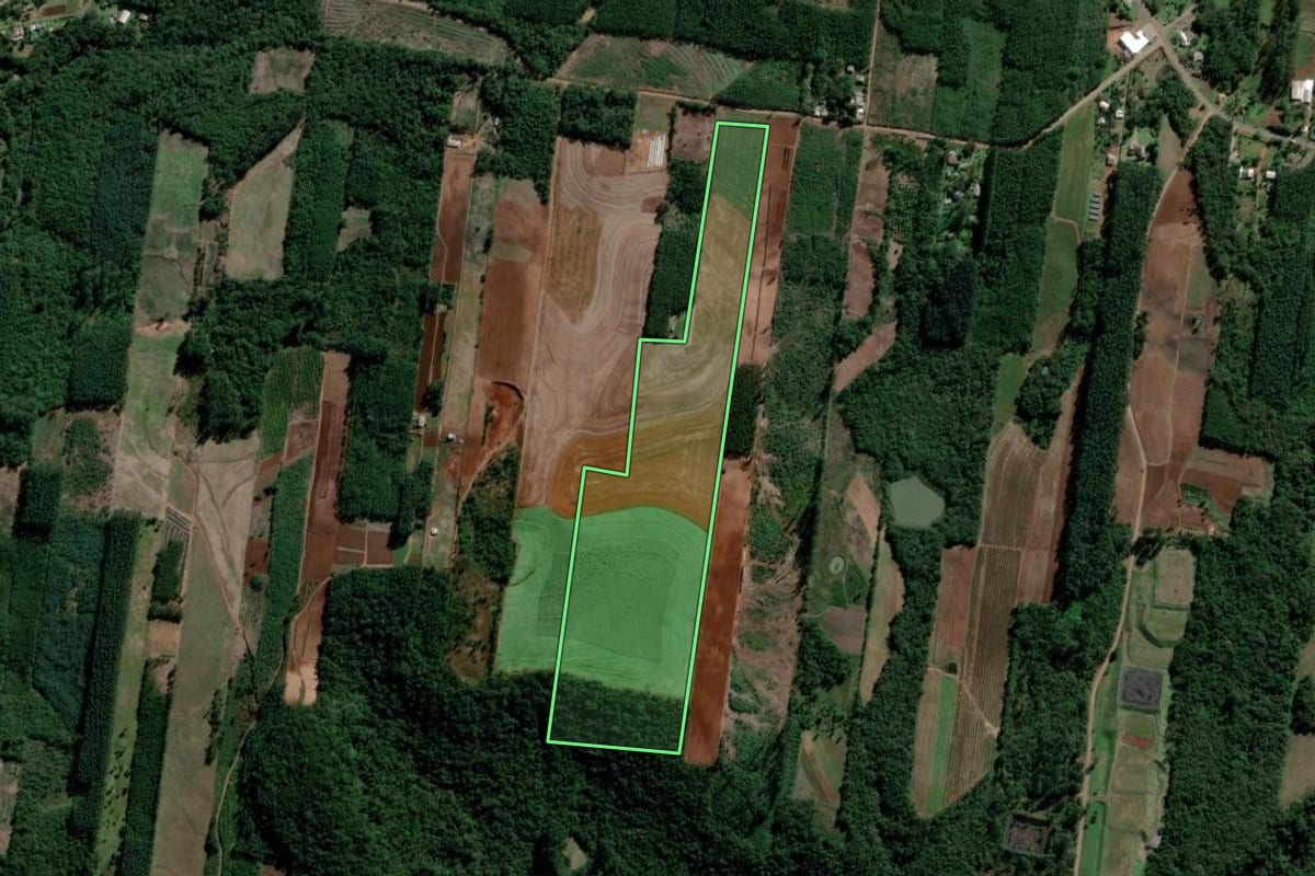 Imagem de satélite do imóvel rural em Ivoti (RS), com o contorno declarado no CAR desenhado por cima.