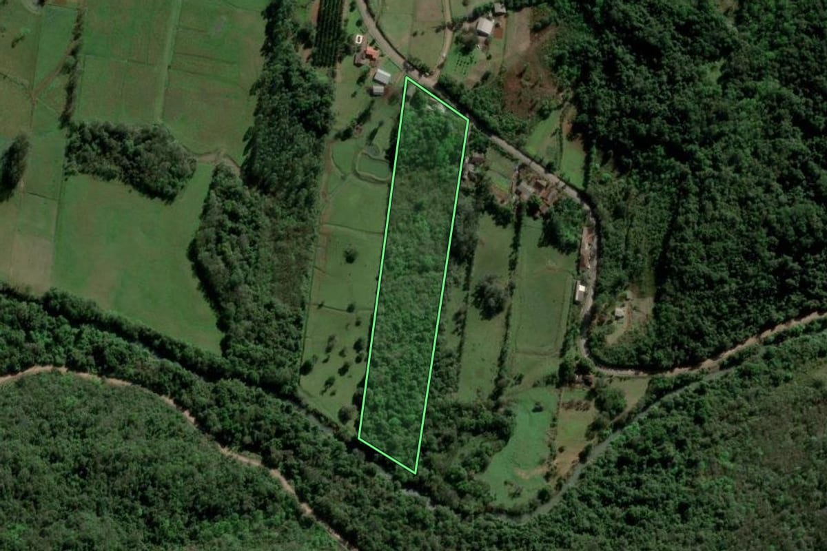 Imagem de satélite do imóvel rural em Ivoti (RS), com o contorno declarado no CAR desenhado por cima.
