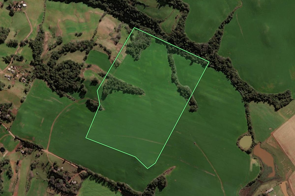 Imagem de satélite do imóvel rural em Jaboticaba (RS), com o contorno declarado no CAR desenhado por cima.