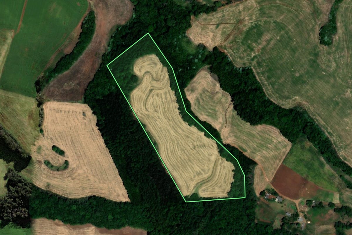 Imagem de satélite do imóvel rural em Jaboticaba (RS), com o contorno declarado no CAR desenhado por cima.