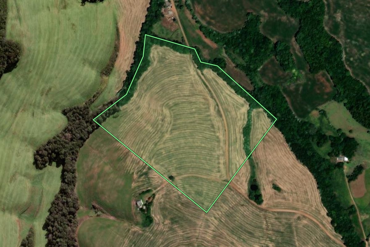 Imagem de satélite do imóvel rural em Jaboticaba (RS), com o contorno declarado no CAR desenhado por cima.
