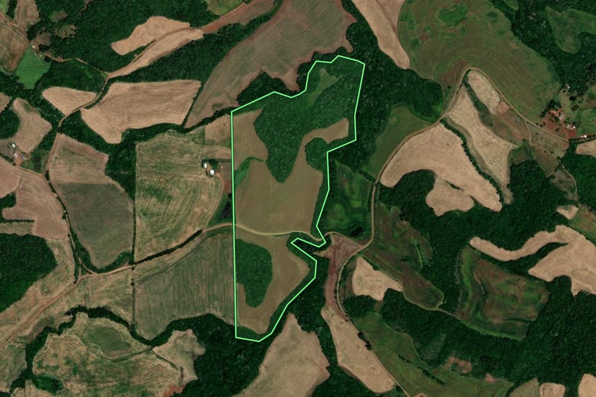 Imagem de satélite do imóvel rural em Jaboticaba (RS), com o contorno declarado no CAR desenhado por cima.