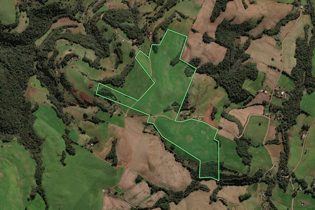 Imagem de satélite do imóvel rural em Jaboticaba (RS), com o contorno declarado no CAR desenhado por cima.