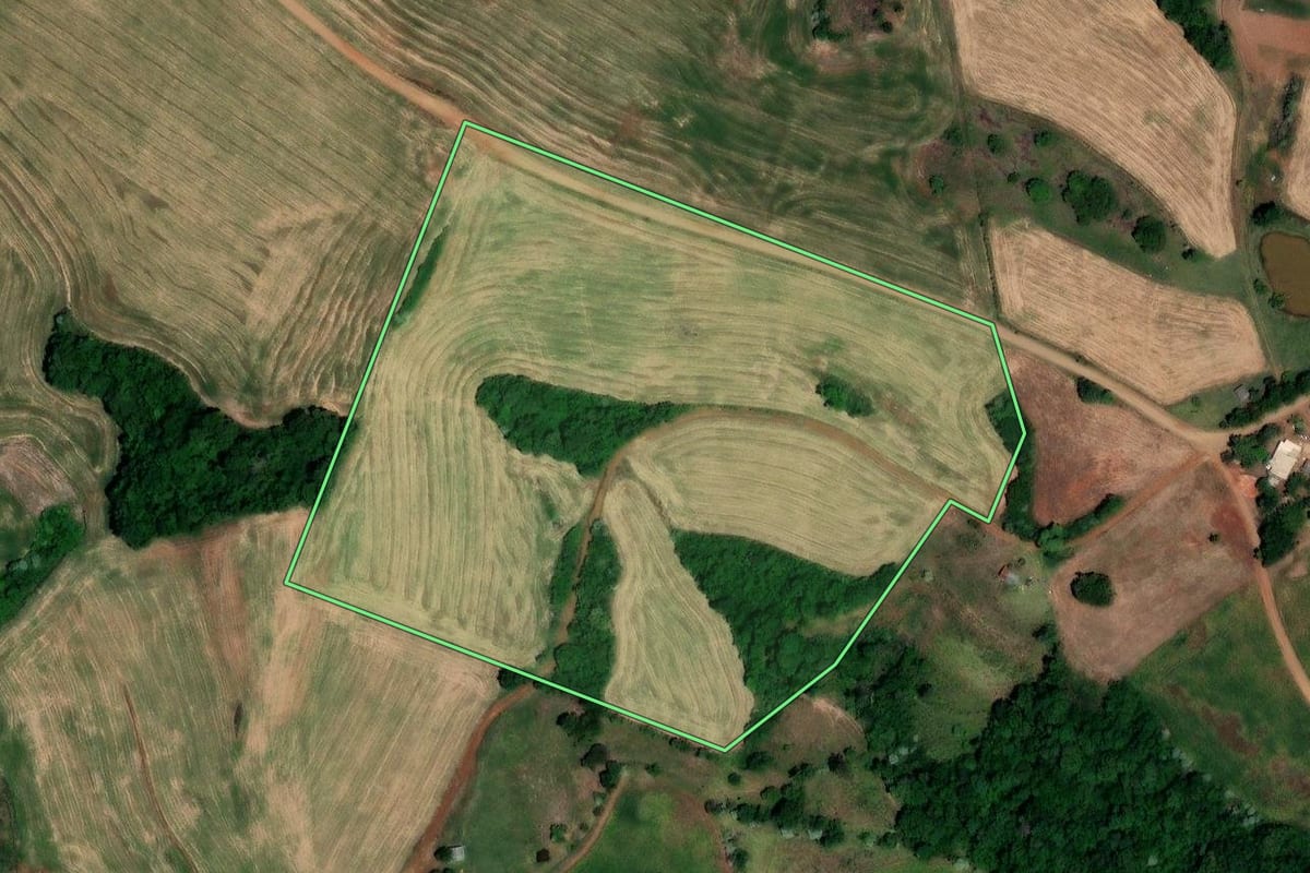 Imagem de satélite do imóvel rural em Jaboticaba (RS), com o contorno declarado no CAR desenhado por cima.