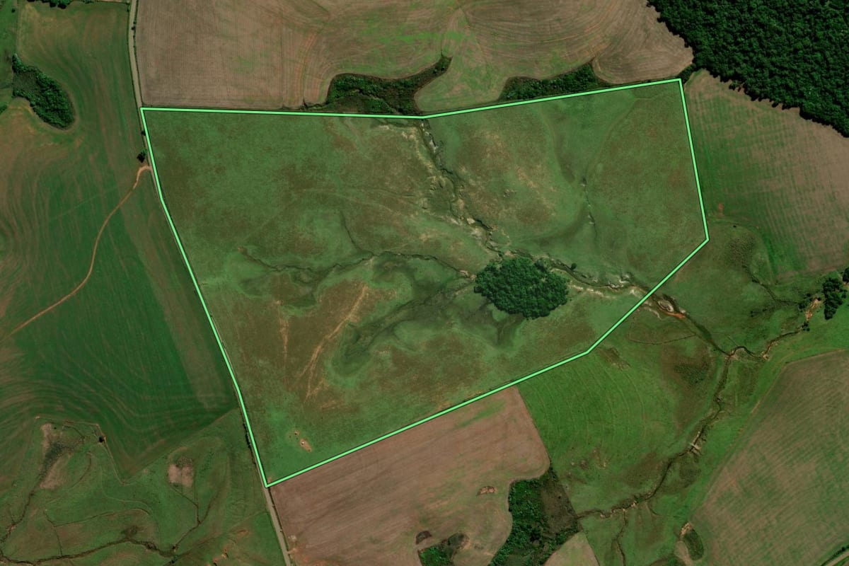 Imagem de satélite do imóvel rural em Jacuizinho (RS), com o contorno declarado no CAR desenhado por cima.