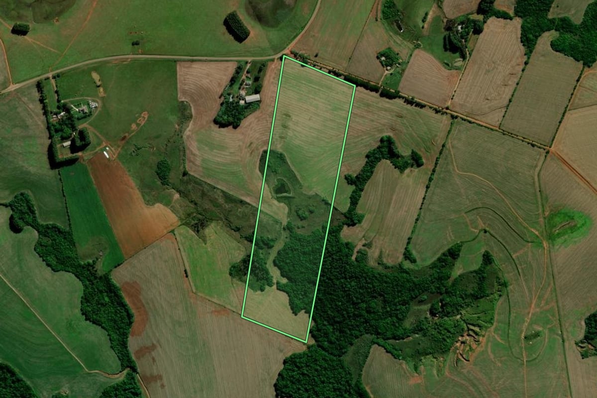 Imagem de satélite do imóvel rural em Jacuizinho (RS), com o contorno declarado no CAR desenhado por cima.