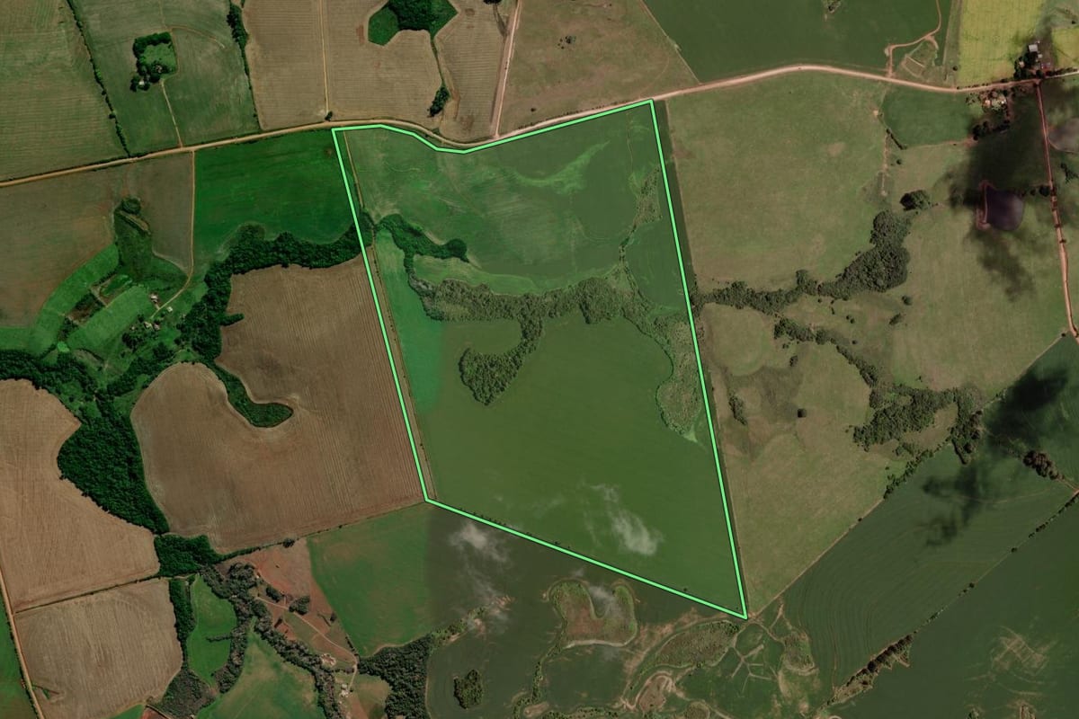 Imagem de satélite do imóvel rural em Jacuizinho (RS), com o contorno declarado no CAR desenhado por cima.