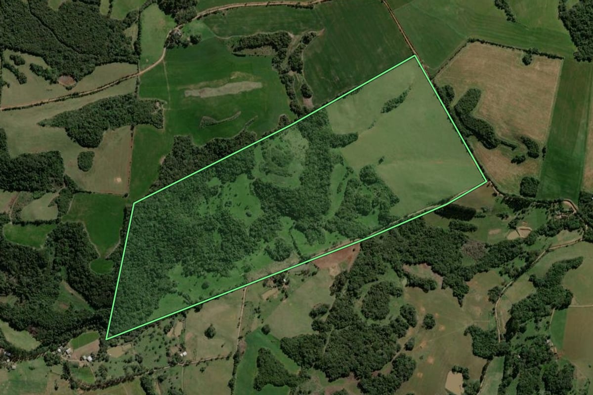 Imagem de satélite do imóvel rural em Jacuizinho (RS), com o contorno declarado no CAR desenhado por cima.