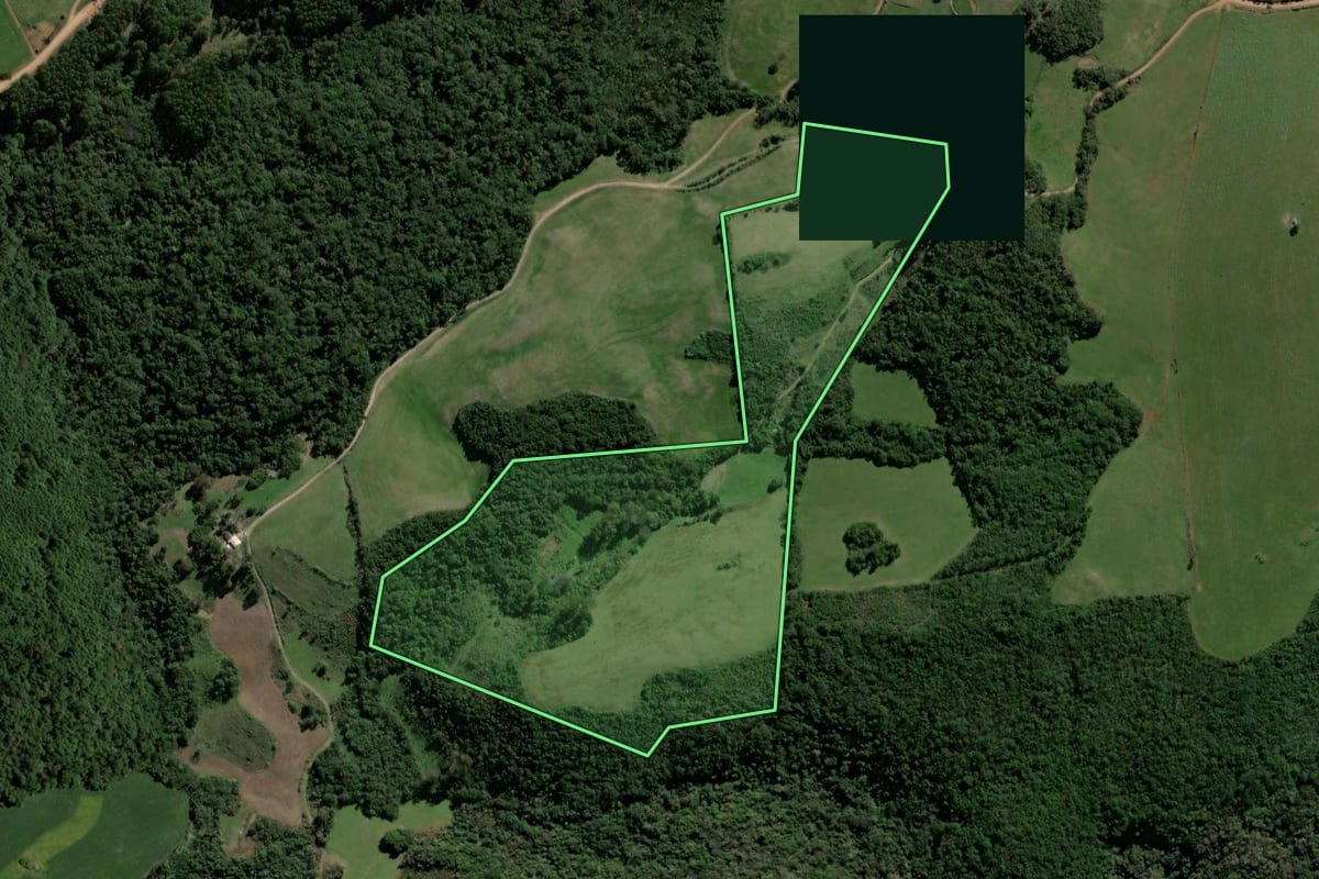 Imagem de satélite do imóvel rural em Jacuizinho (RS), com o contorno declarado no CAR desenhado por cima.