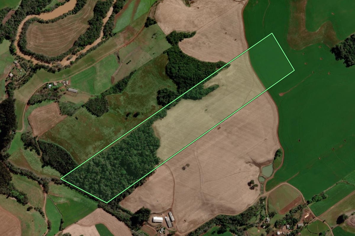 Imagem de satélite do imóvel rural em Jacutinga (RS), com o contorno declarado no CAR desenhado por cima.
