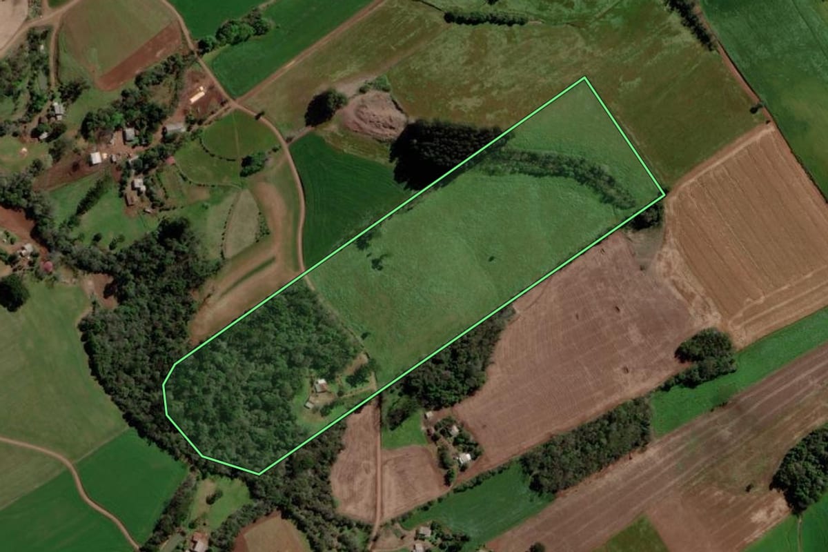 Imagem de satélite do imóvel rural em Jacutinga (RS), com o contorno declarado no CAR desenhado por cima.