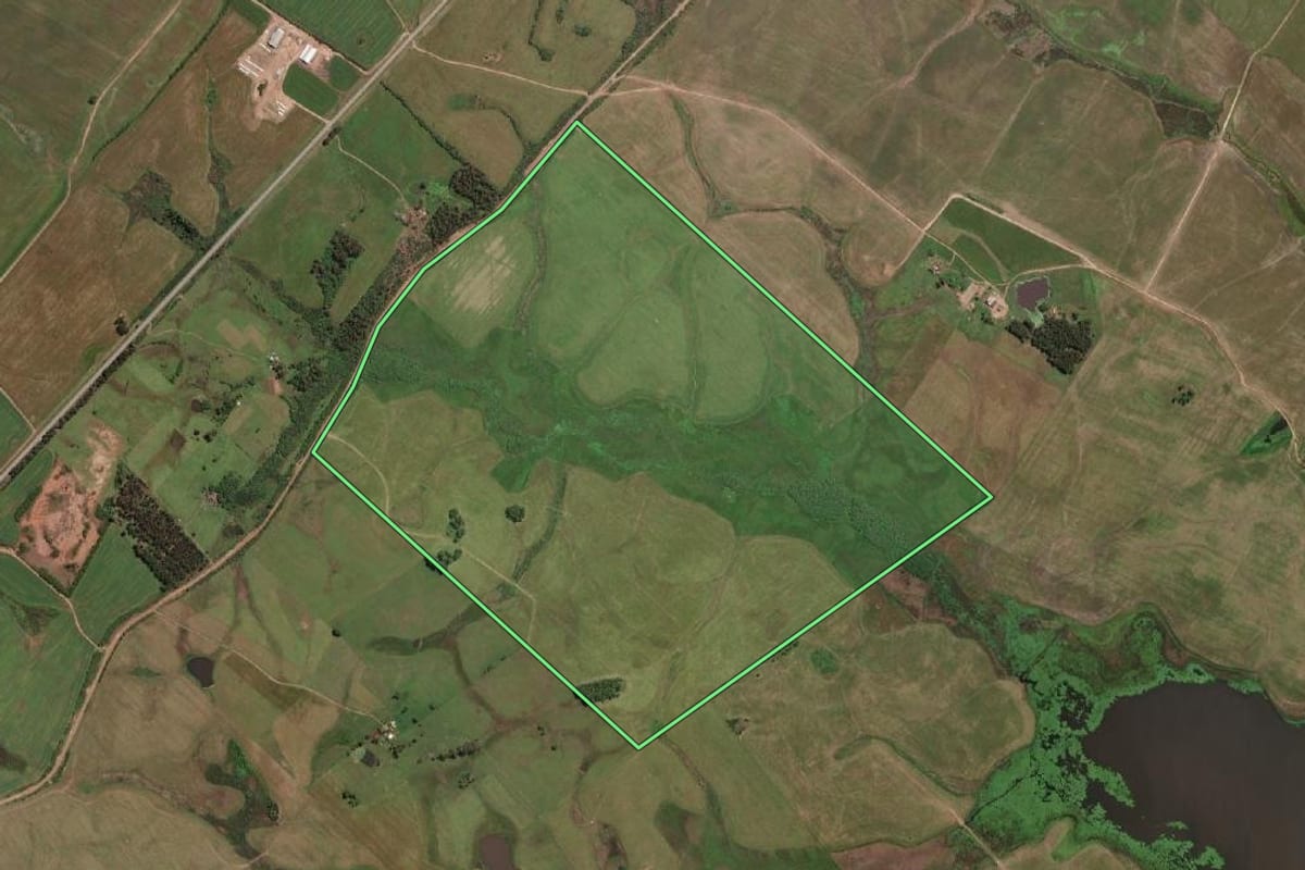 Imagem de satélite do imóvel rural em Jaguarão (RS), com o contorno declarado no CAR desenhado por cima.