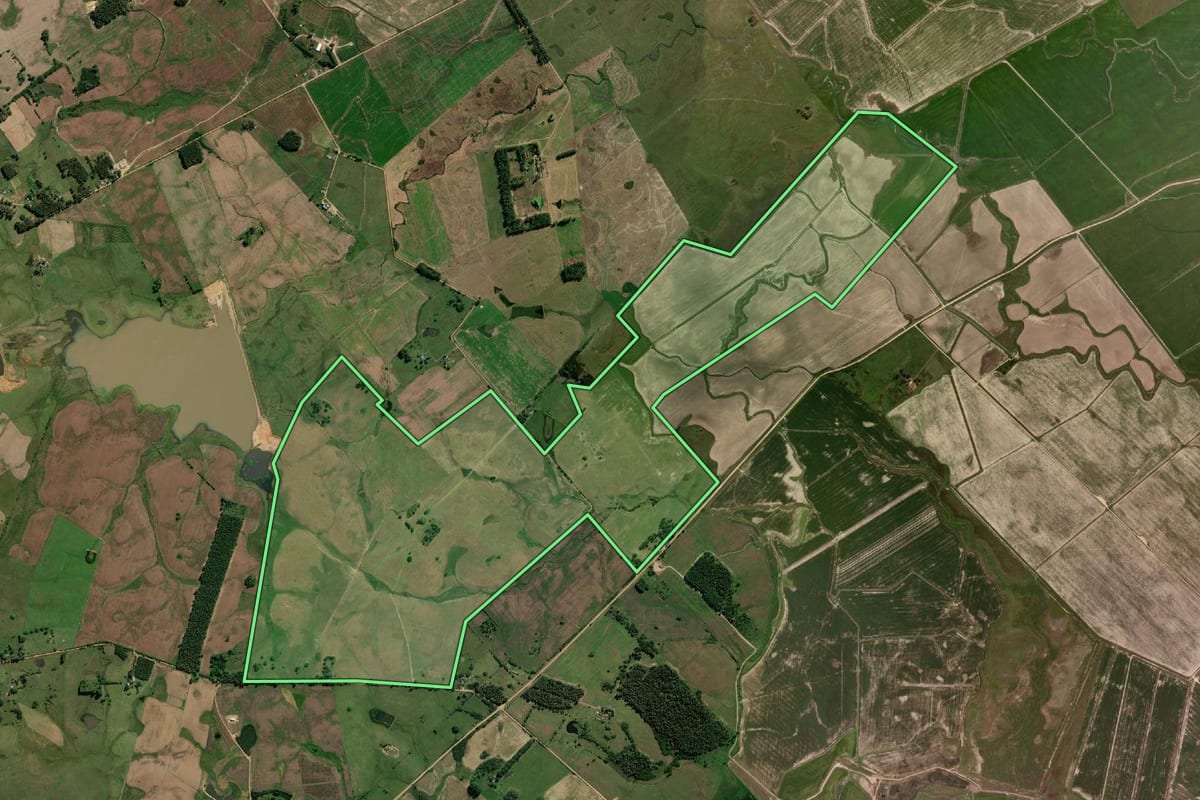 Imagem de satélite do imóvel rural em Jaguarão (RS), com o contorno declarado no CAR desenhado por cima.