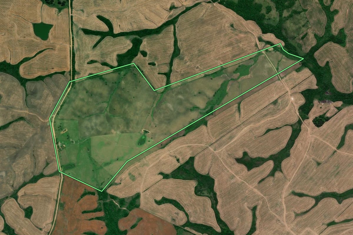 Imagem de satélite do imóvel rural em Jaguarão (RS), com o contorno declarado no CAR desenhado por cima.