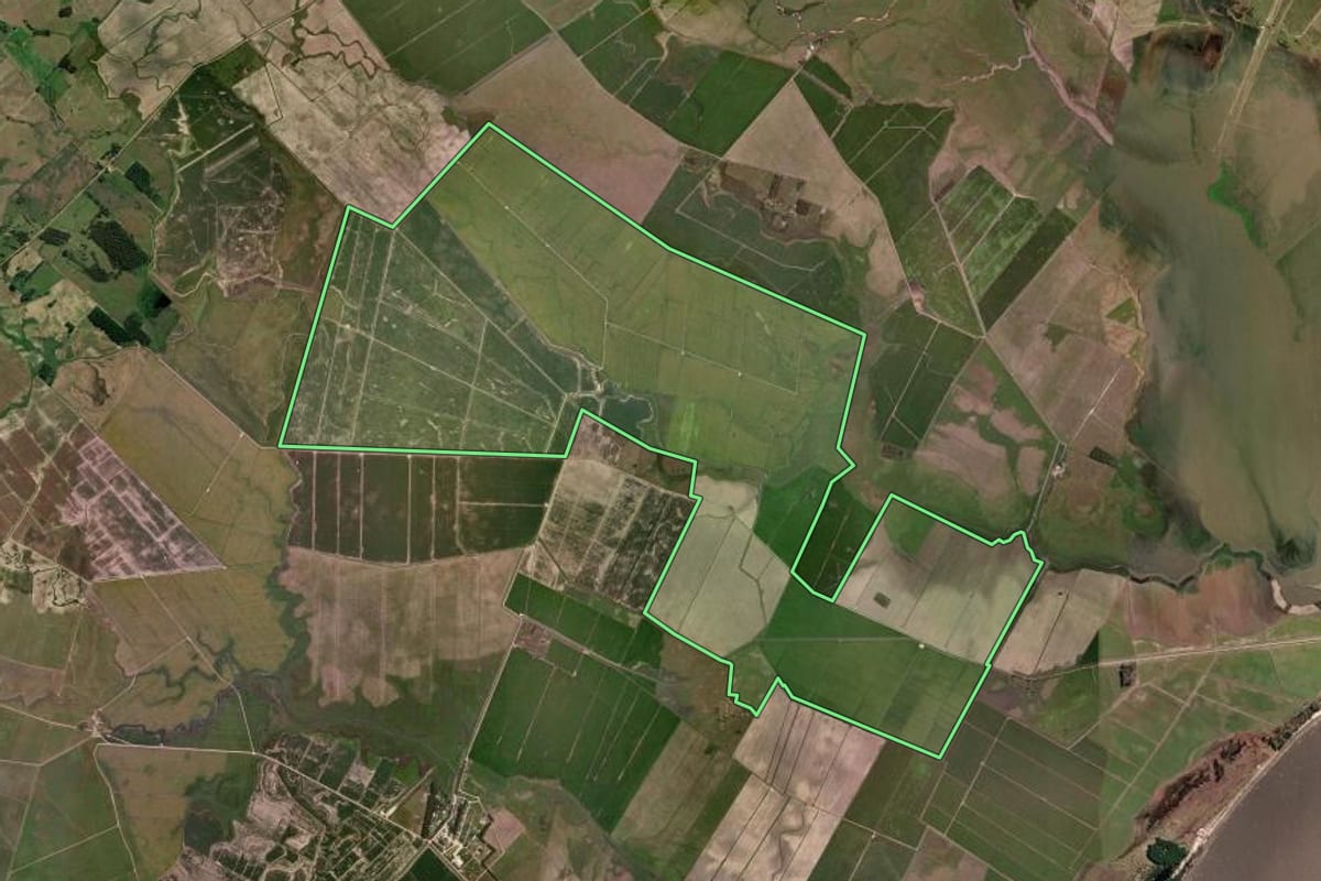 Imagem de satélite do imóvel rural em Jaguarão (RS), com o contorno declarado no CAR desenhado por cima.
