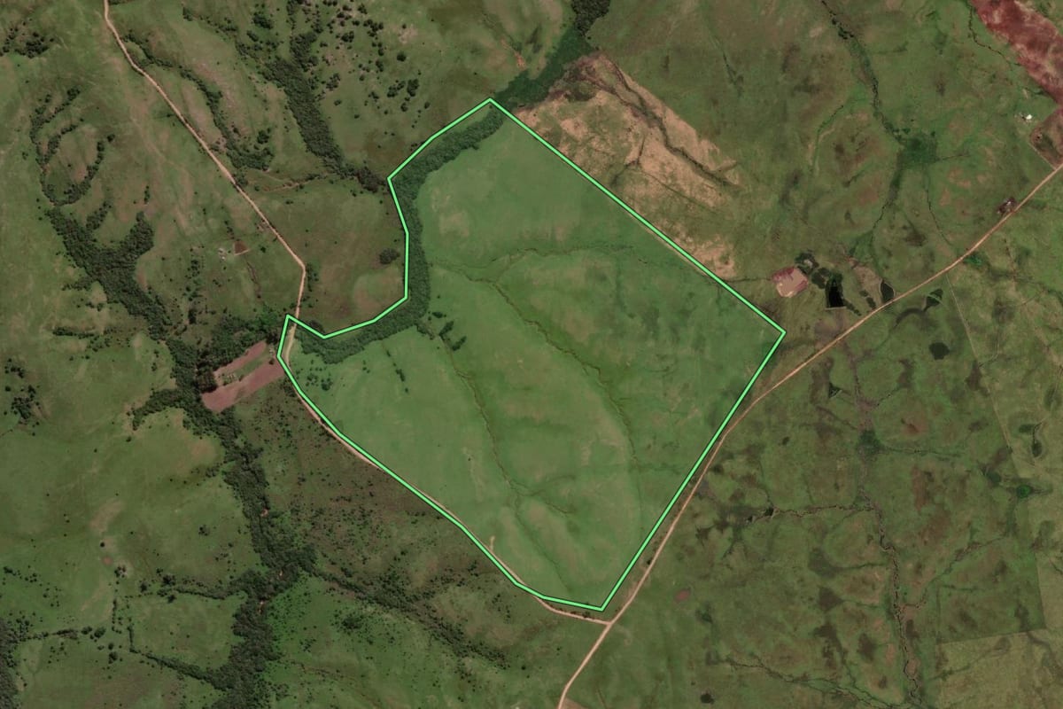 Imagem de satélite do imóvel rural em Jaguarão (RS), com o contorno declarado no CAR desenhado por cima.