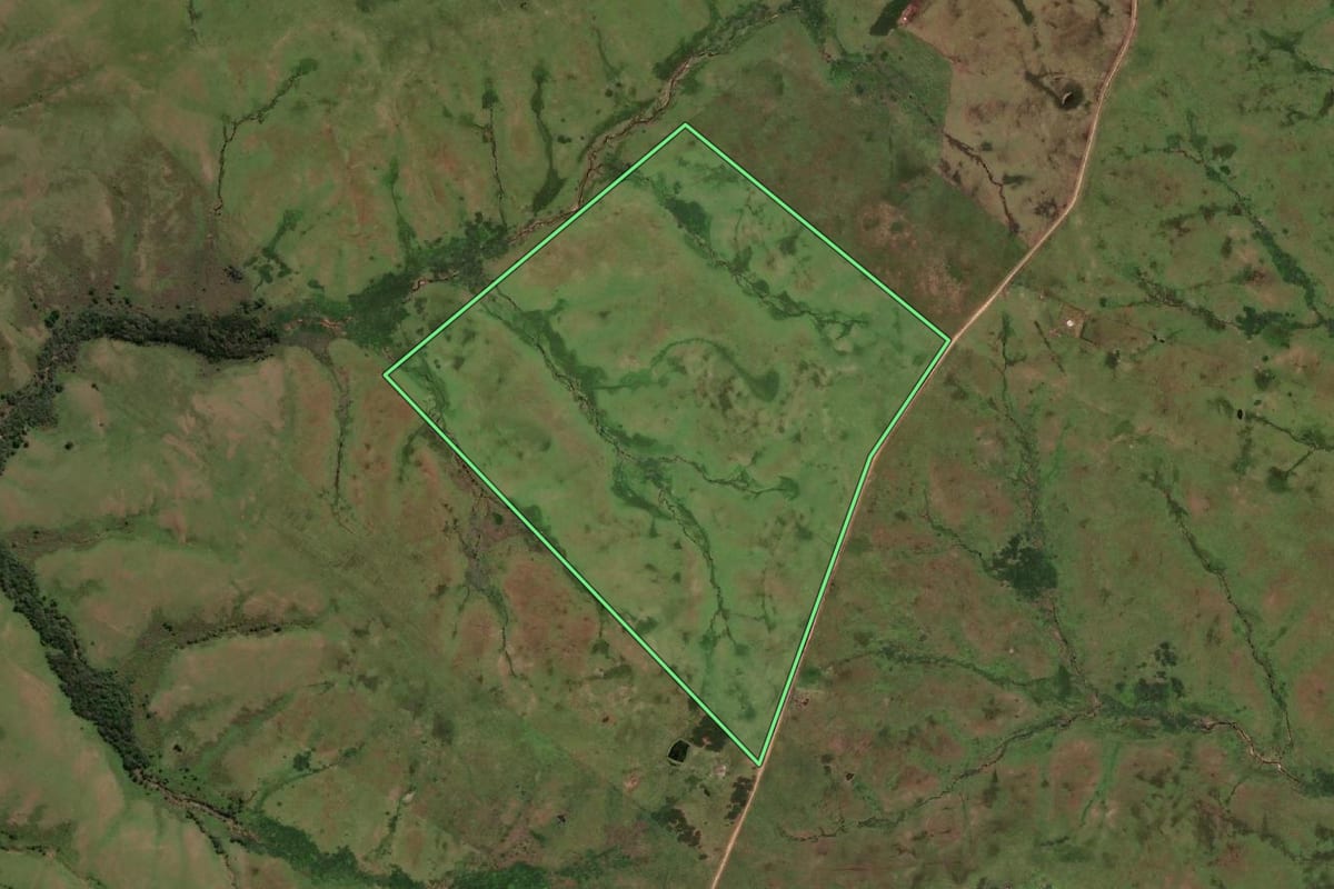 Imagem de satélite do imóvel rural em Jaguarão (RS), com o contorno declarado no CAR desenhado por cima.