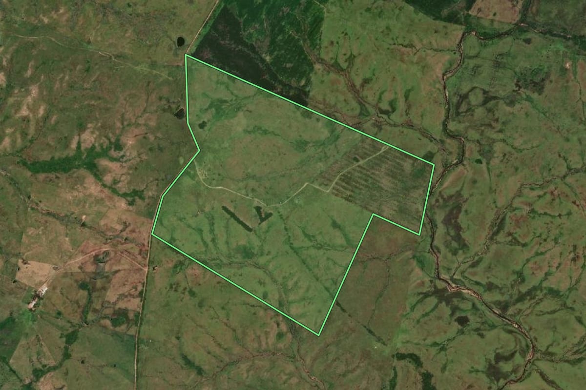 Imagem de satélite do imóvel rural em Jaguarão (RS), com o contorno declarado no CAR desenhado por cima.