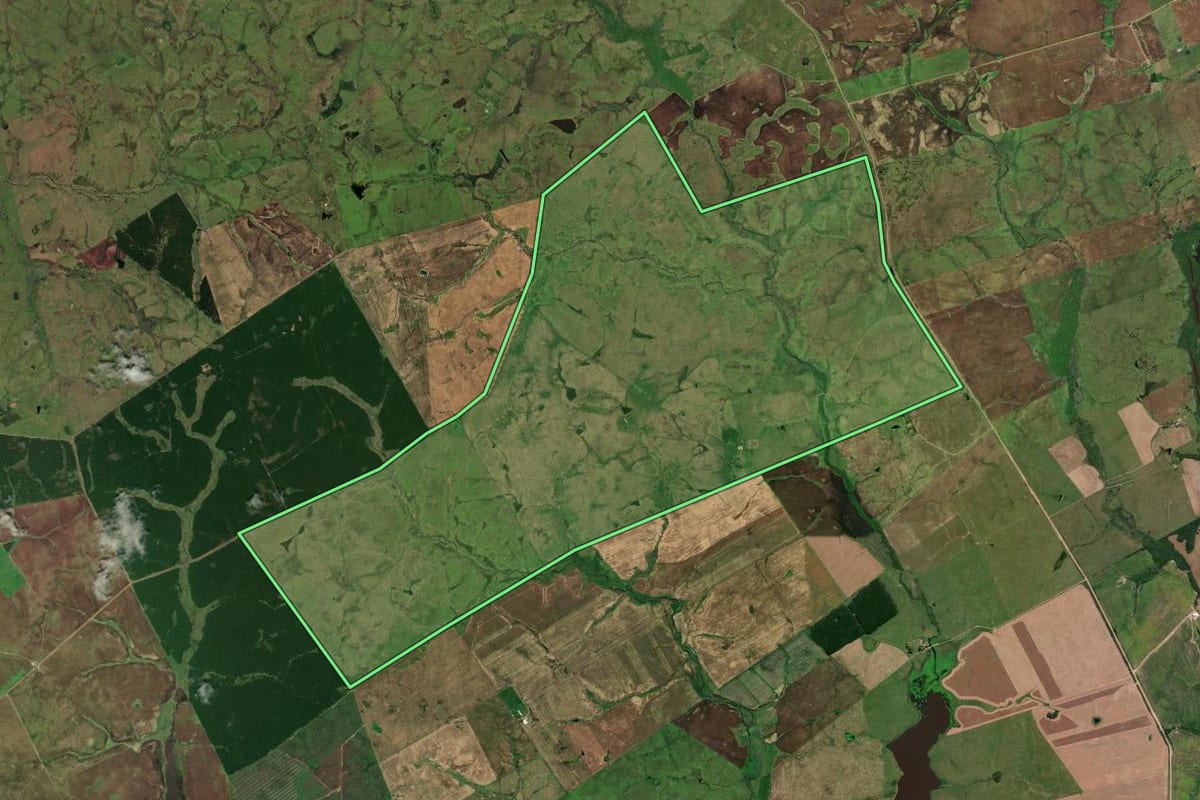 Imagem de satélite do imóvel rural em Jaguarão (RS), com o contorno declarado no CAR desenhado por cima.