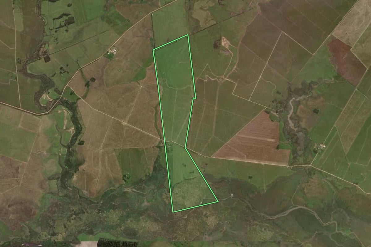 Imagem de satélite do imóvel rural em Jaguarão (RS), com o contorno declarado no CAR desenhado por cima.