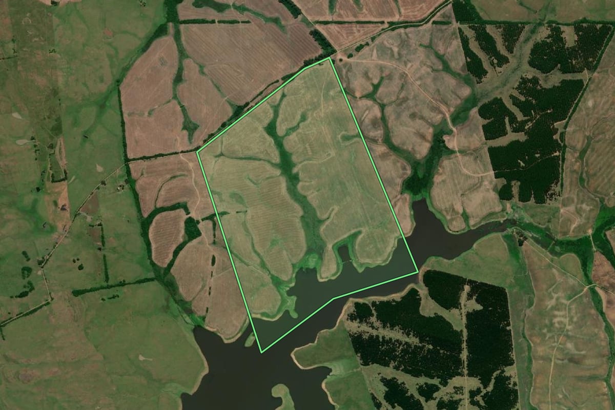 Imagem de satélite do imóvel rural em Jaguarão (RS), com o contorno declarado no CAR desenhado por cima.