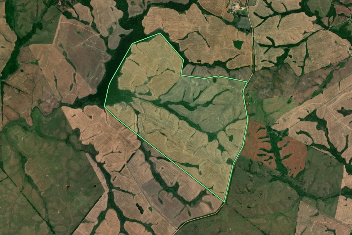 Imagem de satélite do imóvel rural em Jaguarão (RS), com o contorno declarado no CAR desenhado por cima.