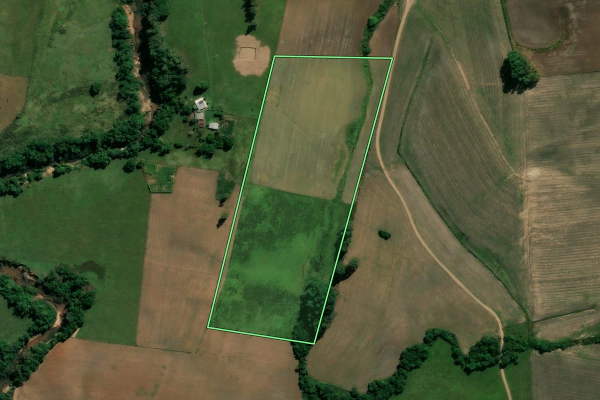 Imagem de satélite do imóvel rural em Jaguari (RS), com o contorno declarado no CAR desenhado por cima.