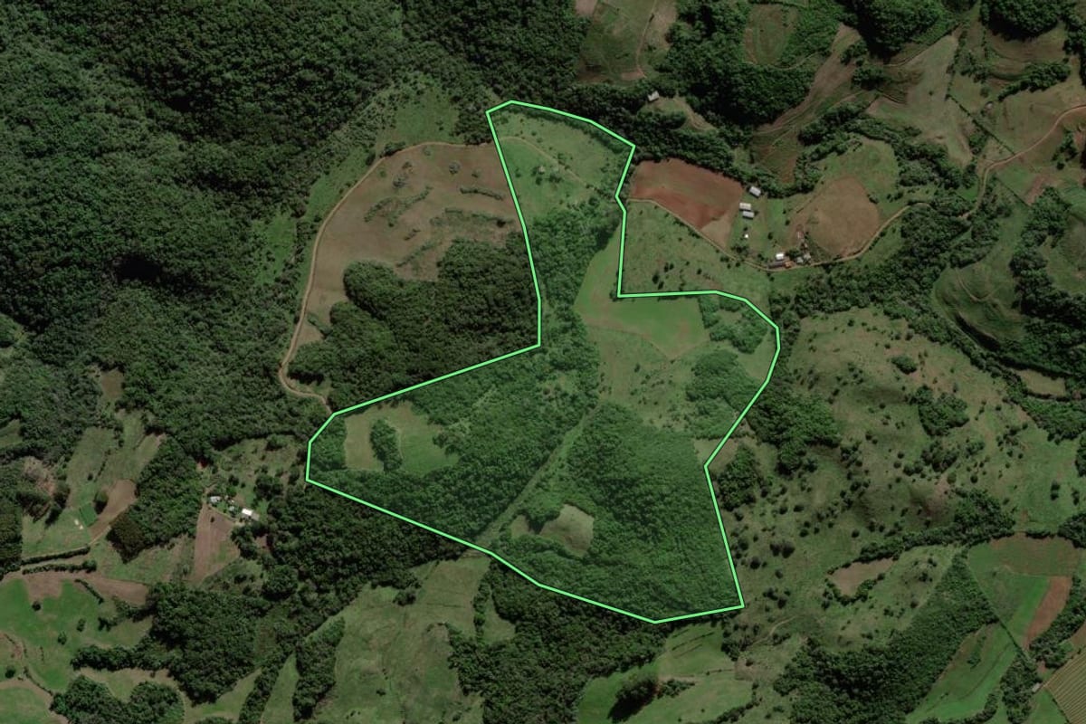 Imagem de satélite do imóvel rural em Jaguari (RS), com o contorno declarado no CAR desenhado por cima.