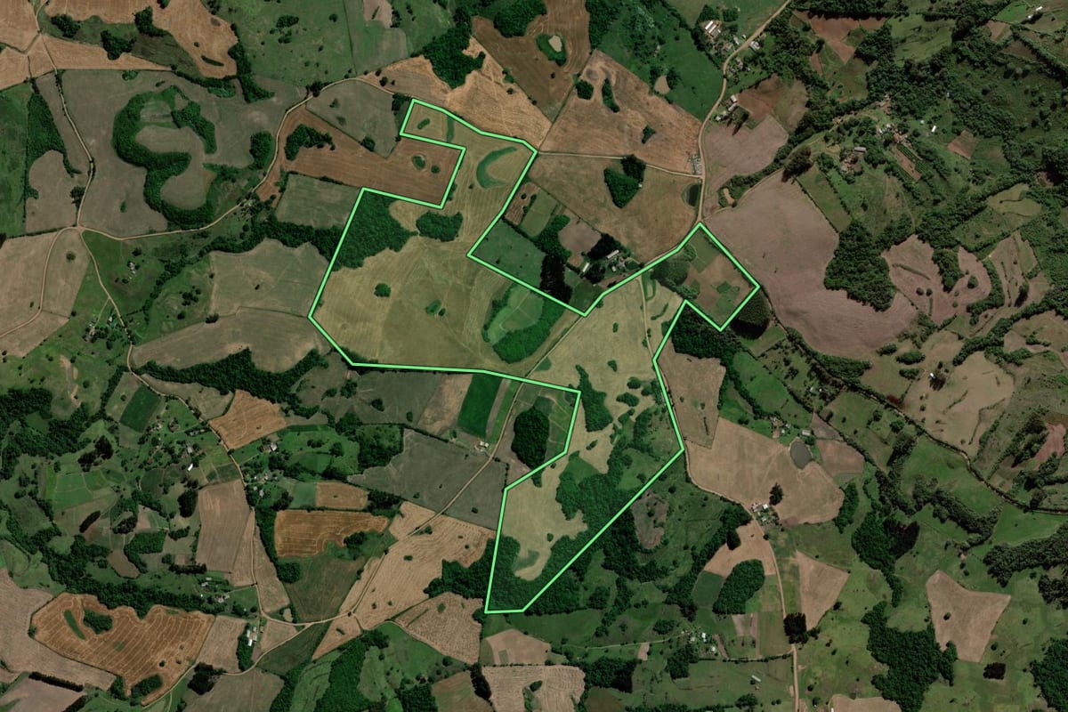 Imagem de satélite do imóvel rural em Jaguari (RS), com o contorno declarado no CAR desenhado por cima.