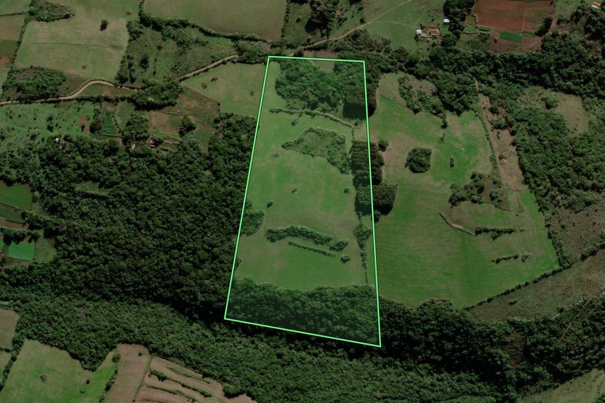 Imagem de satélite do imóvel rural em Jaguari (RS), com o contorno declarado no CAR desenhado por cima.