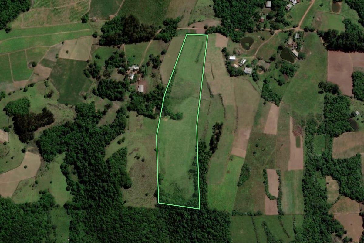 Imagem de satélite do imóvel rural em Jaguari (RS), com o contorno declarado no CAR desenhado por cima.