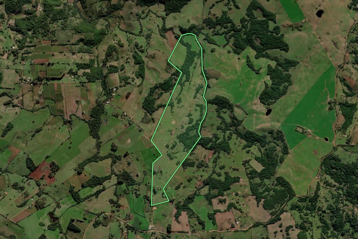 Imagem de satélite do imóvel rural em Jaguari (RS), com o contorno declarado no CAR desenhado por cima.