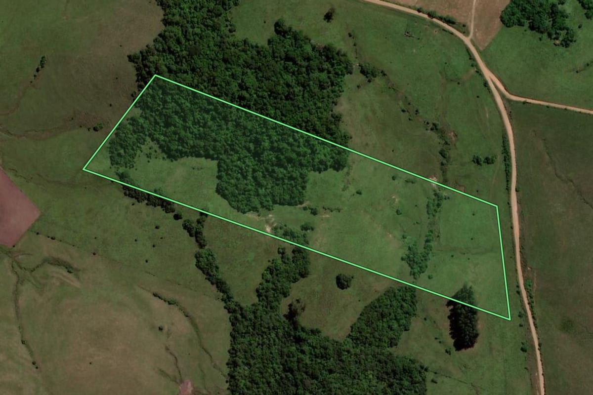 Imagem de satélite do imóvel rural em Jaguari (RS), com o contorno declarado no CAR desenhado por cima.