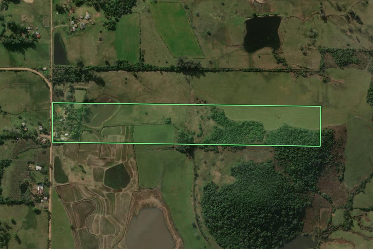 Imagem de satélite do imóvel rural em Jaguari (RS), com o contorno declarado no CAR desenhado por cima.